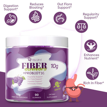 Migcopat 10G Fiber Gummies for Adults, No Sugar Added Grape Flavor, Fiber Supplement with 30 Billion CFU Probiotics Blend, ACV, Vitamin C,