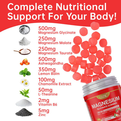 Magnesium Glycinate Gummies 500mg – Sugar Free Magnesium Gummies with L-Theanine - Sleep, Calm, Stress Relief for Adults & Kids 4+