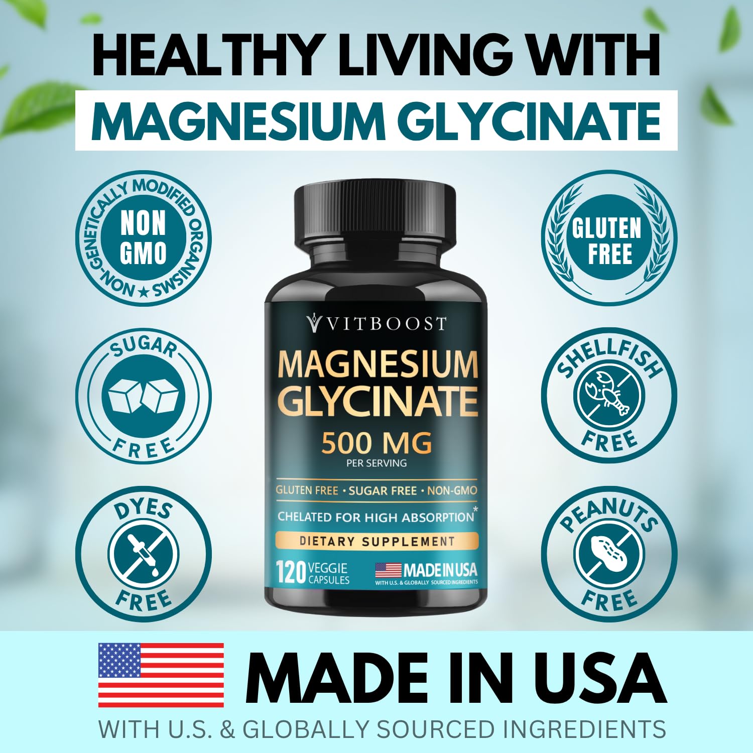 VITBOOST Magnesium Glycinate 500mg - High Absorption Chelated Supplement - Supports Sleep, Muscle Recovery & Heart Health - Non-GMO, Vegan - 120 Capsules - Made in USA VITBOOSTBuy Supplements Australia