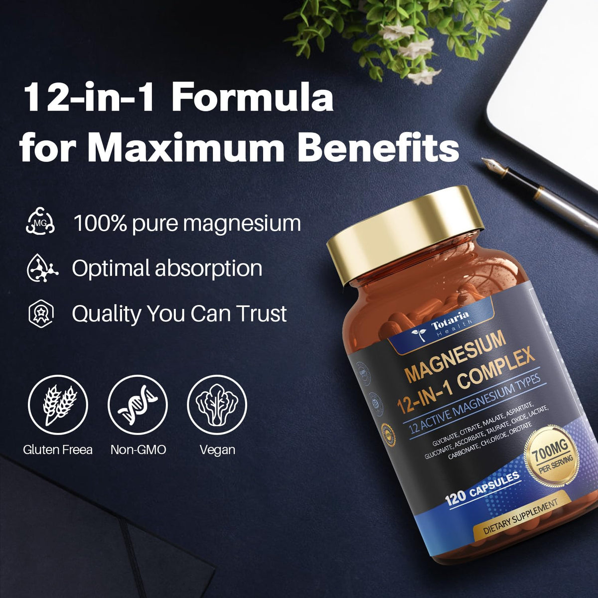 Totaria Magnesium Complex 700mg 12 in 1 Magnesium Supplement with Glycinate Citrate Malate Oxide Taurate Aspartate Orotate Magnesium Relaxation,Muscle,Heart Support, Vegan 120 Capsules TotariaBuy Supplements Australia