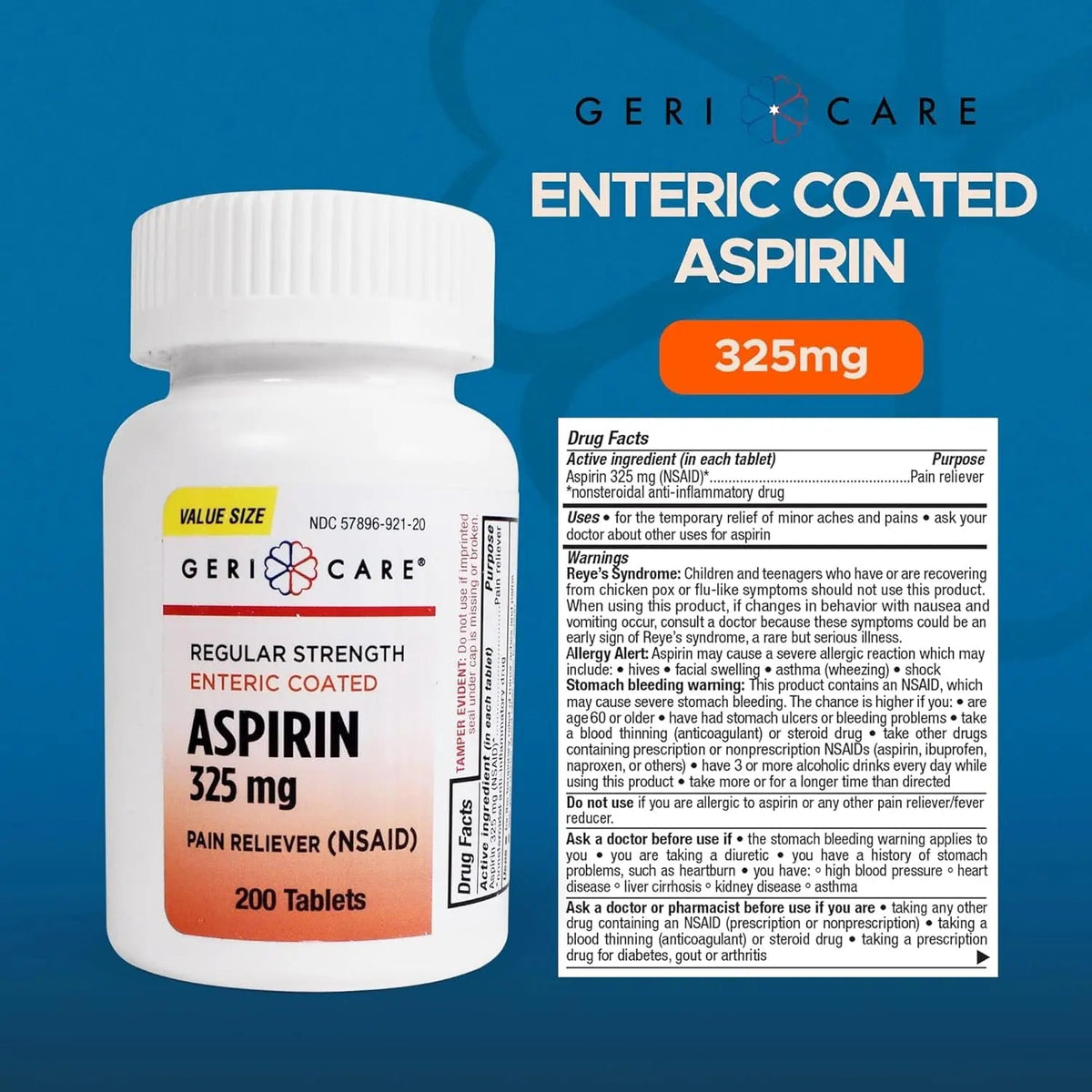 GeriCare Enteric Coated Aspirin Tablets 325mg (200 Count) NSAID Pain Reliever & Fever Reducer for Adults- Regular Strength Aspirin for Headache Arthritis Menstrual & Muscle Pain GeriCareBuy Supplements Australia