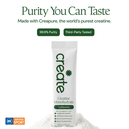 Create Creatine Monohydrate Powder - Creatine Travel Packets, Made with Creapure, 3rd Party Tested & NSF Certified for Sport, 30 Stick Packs, Unflavored