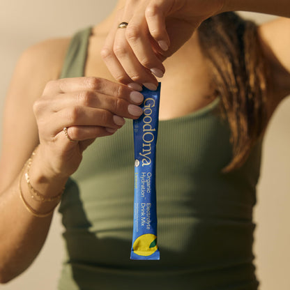 GOODONYA Organic Hydration Electrolyte Drink Mix, Certified Organic Hydration Powder, Non-GMO, Biochecked Glyphosate Free, Low Sugar, Lemonade Flavor, No Artificial Flavors,12 Stick Packs