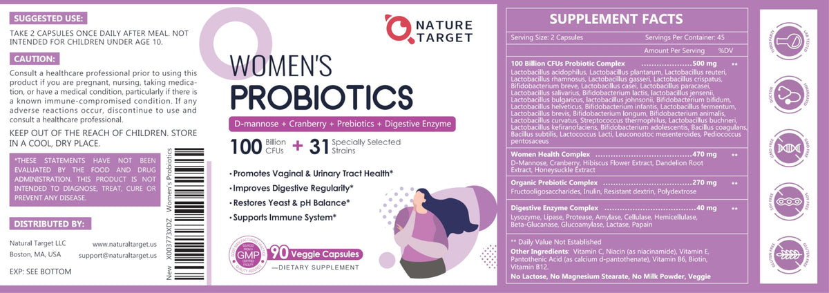 NATURE TARGET Probiotics for Women, 100 Billion CFUs Probiotic with Digestive Enzymes & Prebiotics, Vaginal Probiotics with Cranberry for Urinary Tract Health