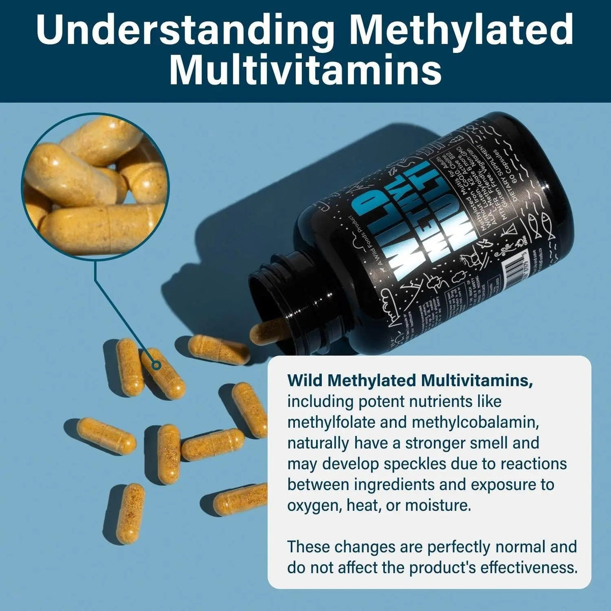 Wild Methylated Multivitamin for Women & Men | Daily Multi Vitamin | MTHFR Supplement Without Iron | Methylated B12, Folate, Vitamin C, A, K2, D, E Wild Foods