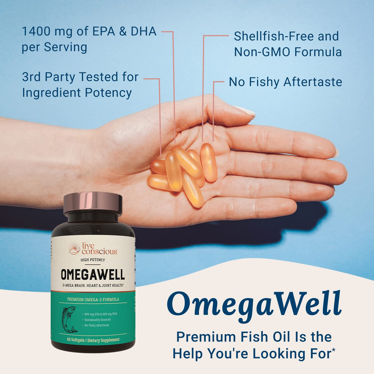 Live Conscious OmegaWell Omega 3 Fish Oil - 2000mg Capsules: Heart, Brain, & Joint Support - 800 mg EPA 600 mg DHA - Sustainably Sourced - Softgels - 30 Day Supply Live ConsciousBuy Supplements Australia