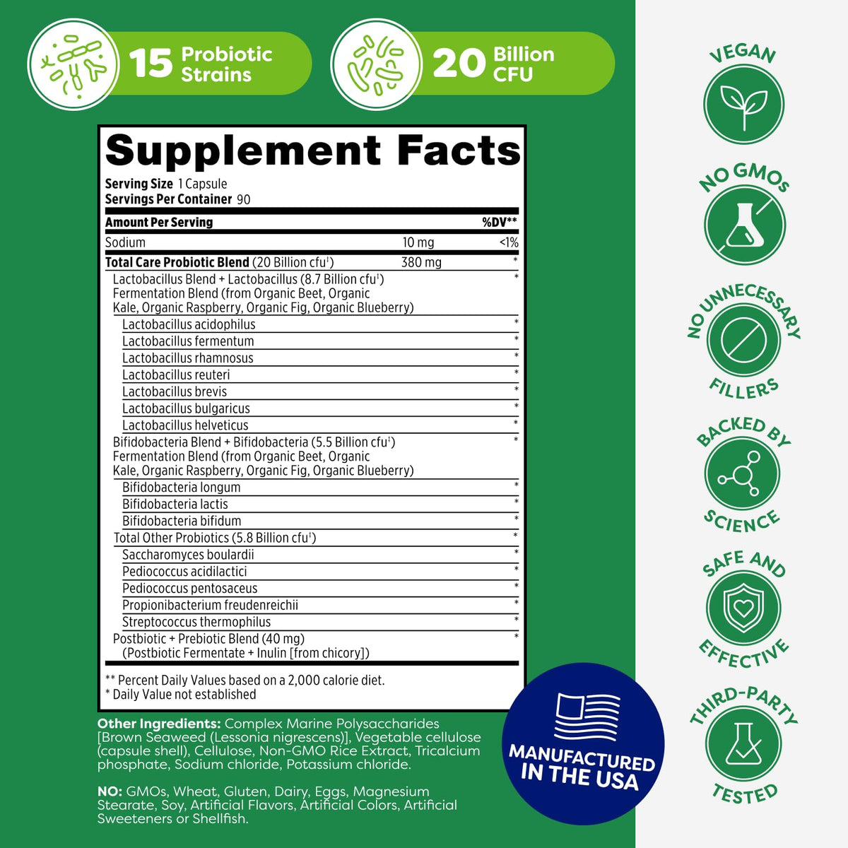 Probulin Total Care Probiotic Supplement, Daily Gut, Digestive, and Immune Health Probiotics Capsules for Men and Women, 20 Billion CFU, Vegan, 90 Count Bottle