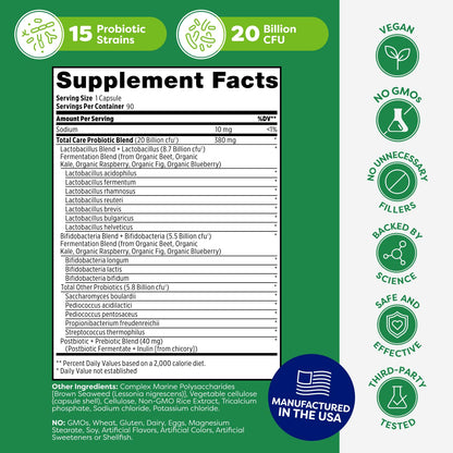 Probulin Total Care Probiotic Supplement, Daily Gut, Digestive, and Immune Health Probiotics Capsules for Men and Women, 20 Billion CFU, Vegan, 90 Count Bottle