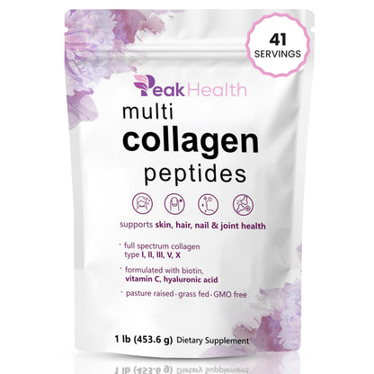 Multi Collagen Peptides Powder, 1 Pounds collagen powder- Type I,II,III,V,X with Biotin 10000mcg, Hyaluronic acid powder, Vitamin C - Unflavored Collagen Protein Powder