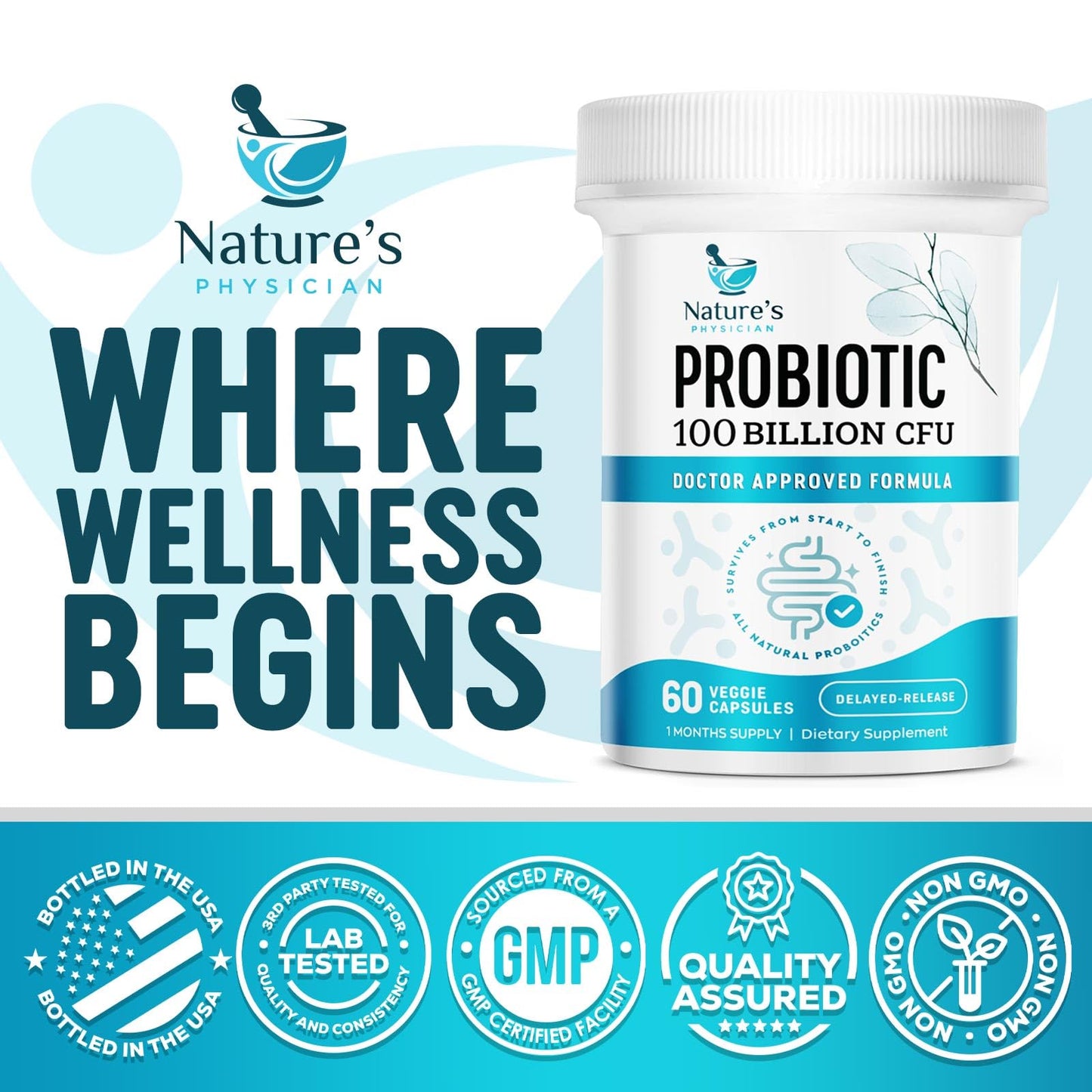 Nature's Physician Probiotics - 100 Billion CFU Per Capsule - 16 Strains + Prebiotics - Best Probiotic Supplement for Women & Men - Supports Immune,