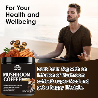 Suiyilary Mushroom Coffee, 10 Mushroom Extract Powder Blend Lion's Mane, Reishi, Chaga