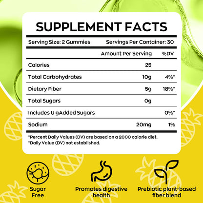 Yidout Fiber Gummies for Adults with Probiotics，No Sugar Added Pineapple Flavor, Promotes Gut Health and Regulate Bowel Movement, Vegan (60 Count（Pack of 1）)