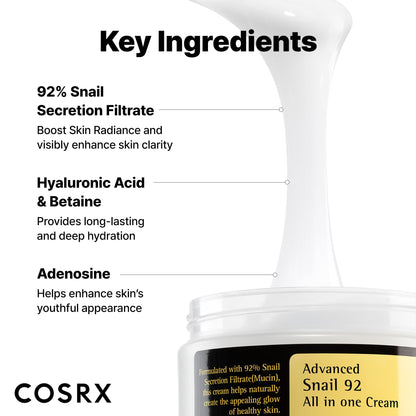 COSRX Snail Mucin 92% Face Moisturizer, 3.52 Oz, Lightweight Moisturing Cream for Soft