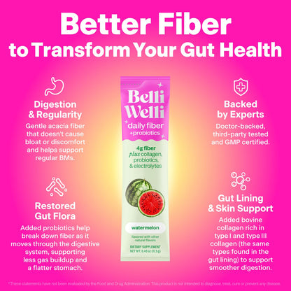 Belli Welli Daily Fiber Supplement Packets with Collagen, Probiotics & Electrolytes | Single Serve Packets for Gut Health