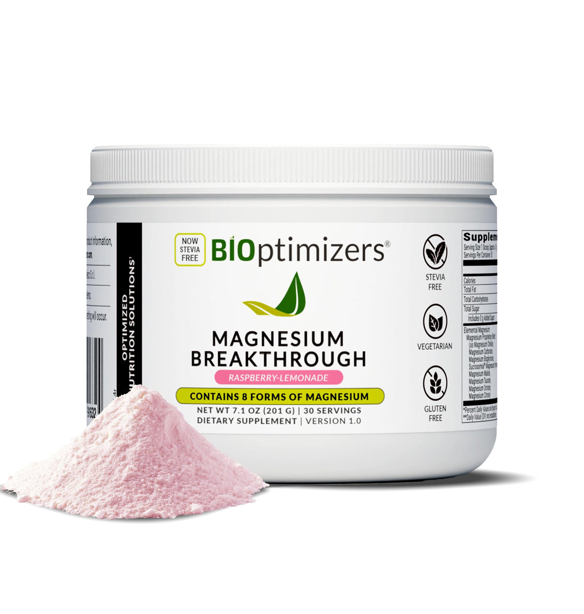 BioOptimizers Magnesium Breakthrough supplement with pink powder on a white background