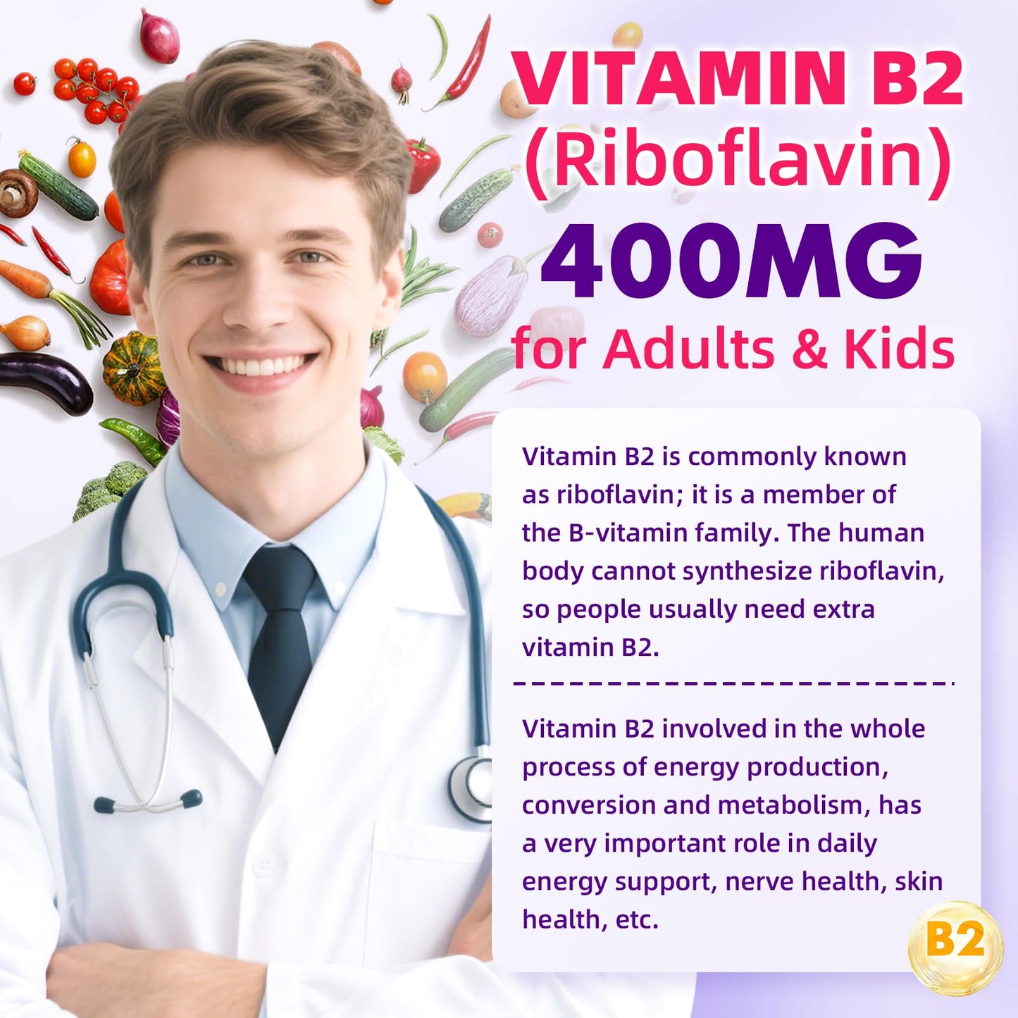 VCCHUYH Vitamin B2 Gummies for Kids & Adults, VIT B2 Riboflavin 400mg Supplement with Magnesium for Migraine Relief & Nervous System Support, Non-GMO,