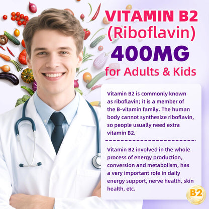 VCCHUYH Vitamin B2 Gummies for Kids & Adults, VIT B2 Riboflavin 400mg Supplement with Magnesium for Migraine Relief & Nervous System Support, Non-GMO,