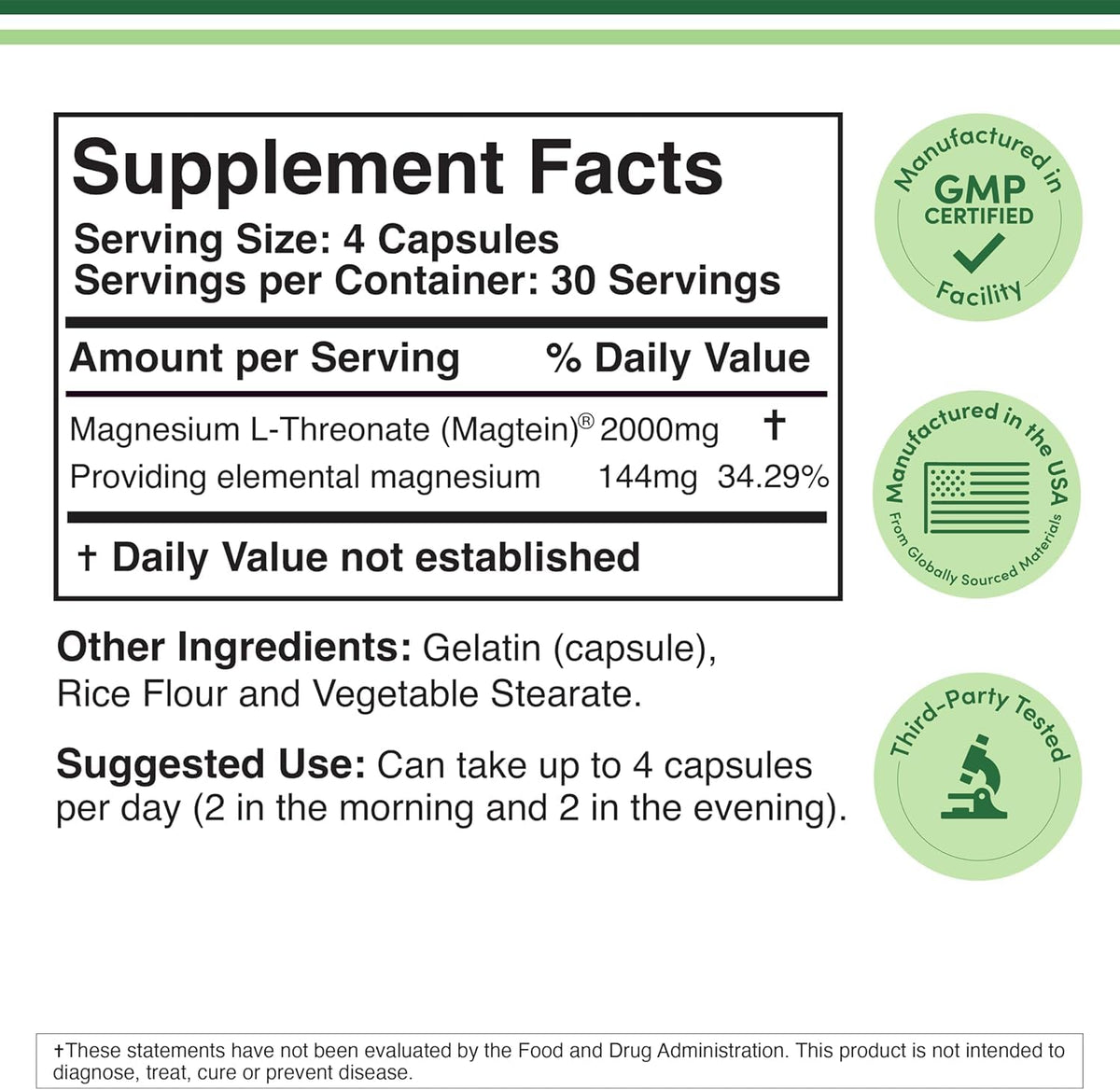 Magnesium L Threonate, Magtein - NSF Certified - Sleep and Cognitive Support – High Absorption – Most Bioavailable Form of Magnesium – 2,000 mg – 120 Capsules Double Wood Supplements buy supplements Au