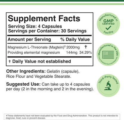 Magnesium L Threonate, Magtein - NSF Certified - Sleep and Cognitive Support – High Absorption – Most Bioavailable Form of Magnesium – 2,000 mg – 120 Capsules Double Wood Supplements buy supplements Au