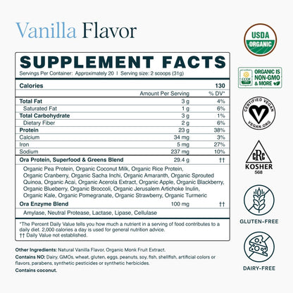 Ora Organic Plant-Based Protein Powder - 23g Protein for Women and Men - Vanilla Flavor 20 Servings, Vegan, Clean Protein