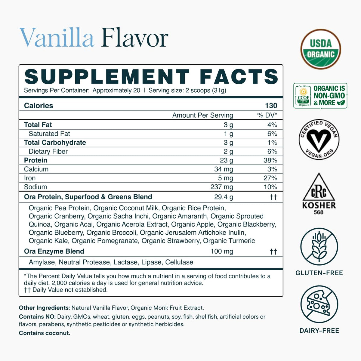 Ora Organic Plant-Based Protein Powder - 23g Protein for Women and Men - Vanilla Flavor 20 Servings, Vegan, Clean Protein, Third-Party Tested, Gluten-Free - 20 Servings Ora Organic buy supplements Au