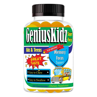 Supplement bottle labeled 'GeniusKidz' for kids and teens with a colorful label on a white background.