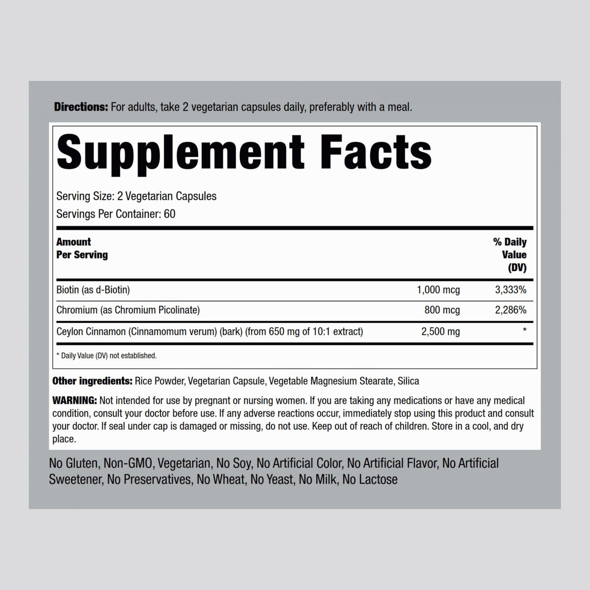 Piping Rock Ceylon Cinnamon Capsules | 120 Pills | Complex Supplement with Chromium and Biotin | Vegetarian, Non-GMO, Gluten Free