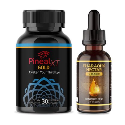 Two dietary supplement bottles, one labeled 'Pineal XT Gold' and the other 'Pharaoh's Nectar', on a white background.