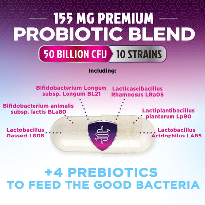 Probiotics for Digestive Gut Health - 50 Billion CFU Per Capsule, 10 Premium Strains & Prebiotics - Best Probiotics for Women & Men, Occasional Constipation, Gas, Immune Health Support - 180 Capsules