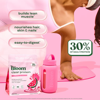Bloom Clear Protein, Whey Protein Isolate with Collagen Peptides and Digestive Enzymes, 20g Protein, Sugar Free Post Workout Drink Mix, 90 Calories,