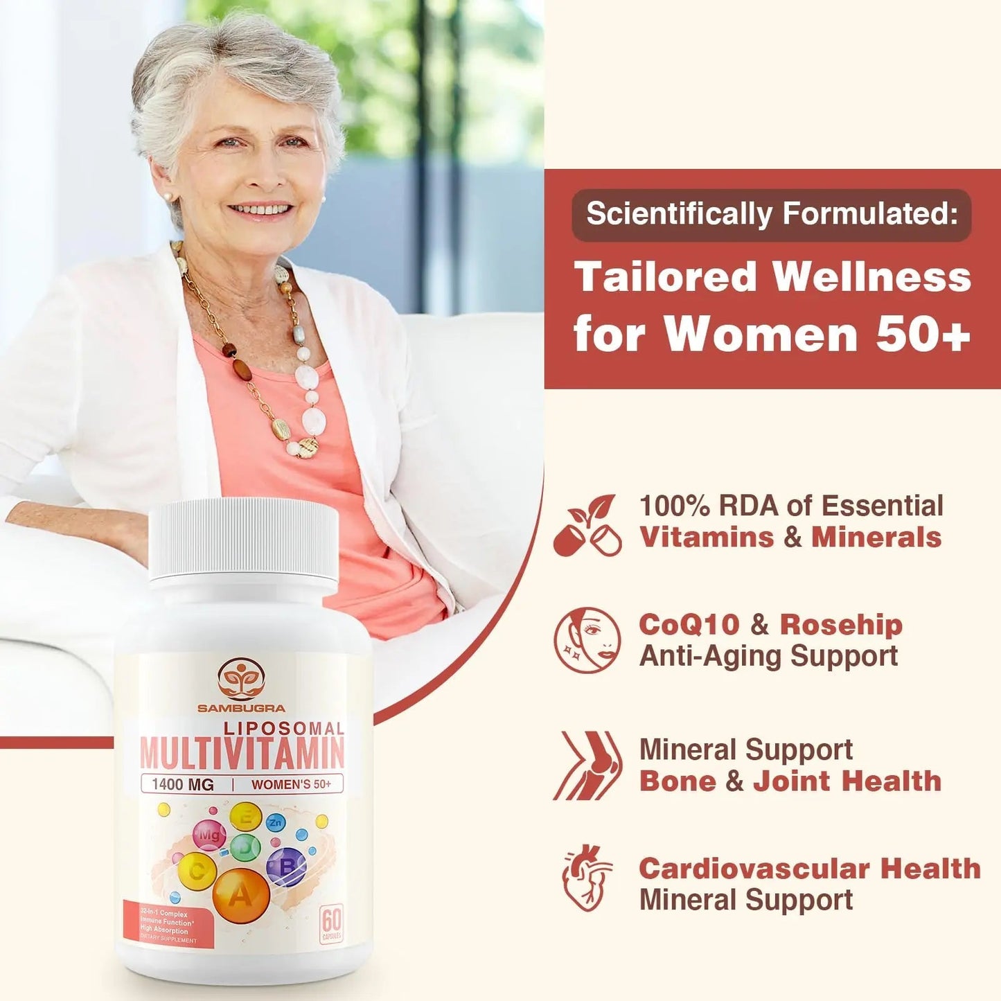 Sambugra Liposomal Multivitamin for Women 50+ - Women Daily Multivitamin with 32 Ingredients, CoQ10, Vitamins C, B, D, E Sambugra