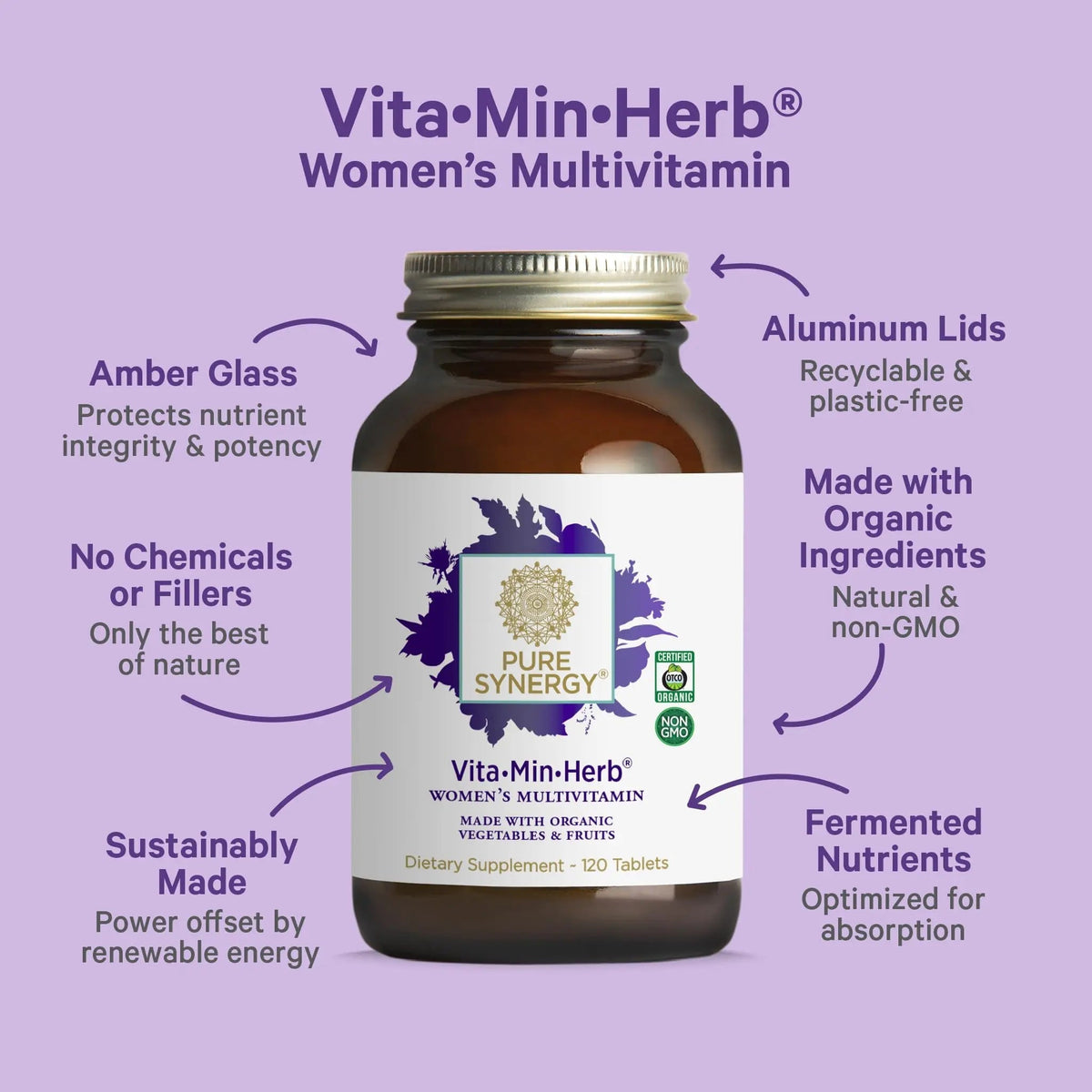 PURE SYNERGY Vita·Min·Herb for Women | Women’s Comprehensive Multivitamin Supplement | Made with Organic Whole Food Non-GMO & Vegan Ingredients | PURE SYNERGY