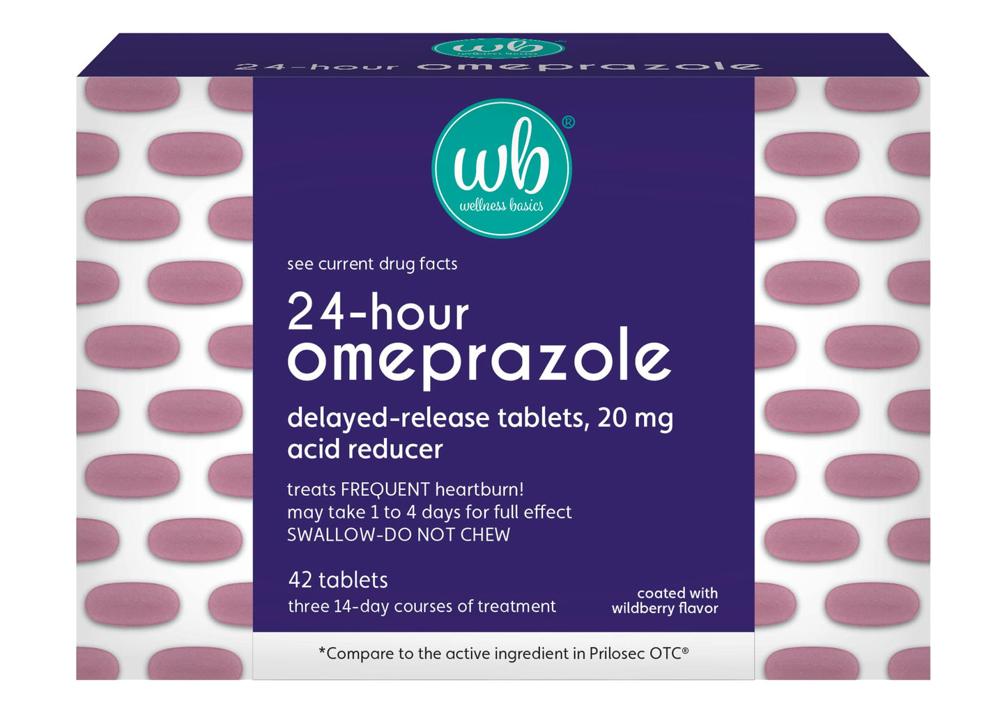 Wellness Basics Omeprazole 20mg Delayed Release | Acid Reducer | 42 Count | Tablet | Treats Frequent Heartburn (Wildberry)