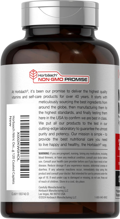 Horbäach Nitric Oxide Max 3600mg | 120 Caplets | with Arginine AAKG for Men and Women | Vegetarian, Non-GMO