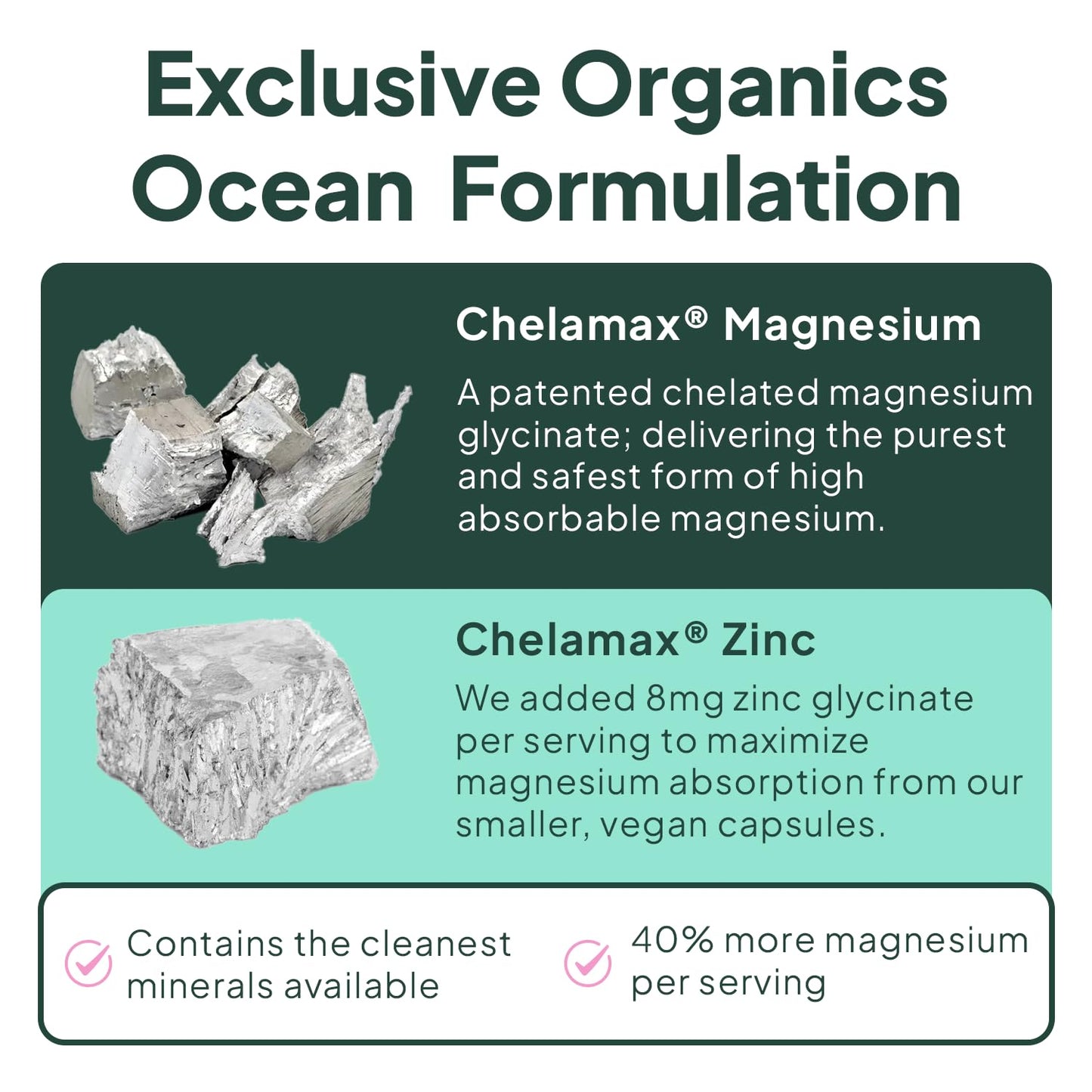 Organics Ocean Pure Magnesium Glycinate with Zinc - Maximum Strength Chelated Magnesium Supplement for Women and Men