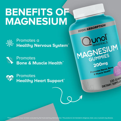Qunol Magnesium Gummies for Adults, 200mg Elemental Magnesium (from 1,750mg Magnesium Citrate), High Absorption Magnesium Supplement, Supports Nerve,