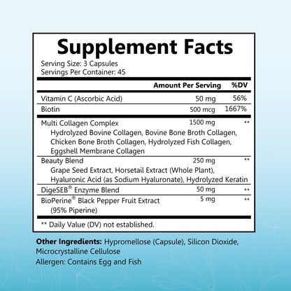 BioSchwartz Hydrolyzed Collagen Peptide Capsules - Multi Collagen Supplements for Women Types I, II, III, V, X with Vitamin C, Biotin,