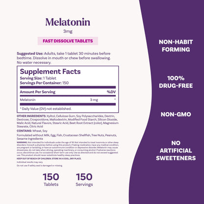 Natrol Fast Dissolve Melatonin 3 mg, Melatonin Supplements for Restful Sleep, Sleep Support for Adults, 150 Strawberry-Flavored Tablets