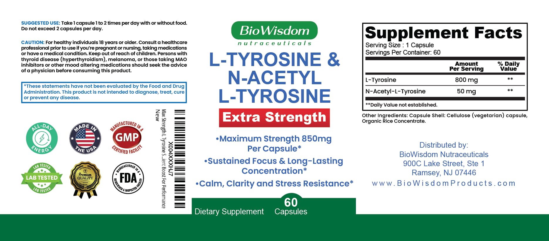 Max Strength L Tyrosine Supplement & N Acetyl L Tyrosine Peak Focus, Alertness, Concentration, Body & Mind Energy. L-Tyrosine 850mg Per 1 Capsule. A Well-Being Nutrient Boost For Performance BioWisdom Nutraceuticals buy supplements Au