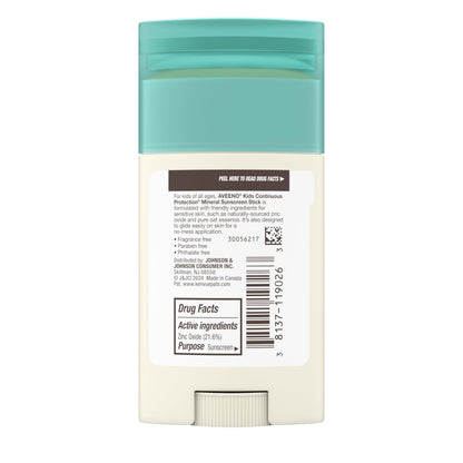 Aveeno Kids Continuous Protection Zinc Oxide Mineral Sunscreen Stick for Sensitive Skin, Face & Body Sunscreen Stick for Kids