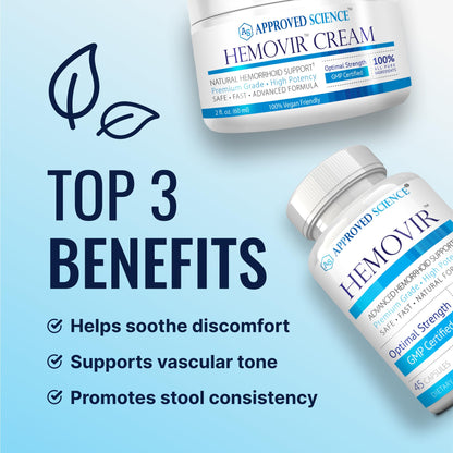 Approved Science Hemovir - Hemorrhoid Capsules and Cream - Dual-Action Stops Itching and Optimizes Blood Flow - Internal and External Care - 45 Capsules + 2 Fl Oz - Vegan - Non GMO - Made in The USA Approved ScienceBuy Supplements Australia
