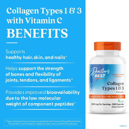 Doctor's Best Collagen Types 1 & 3 with Vitamin C, Non-GMO, Gluten Free, Soy Free, Supports Hair, Skin, Nails, Tendons & Bones, 500 mg, 240 Caps (DRB-00263) Doctor's BEST buy supplements Au
