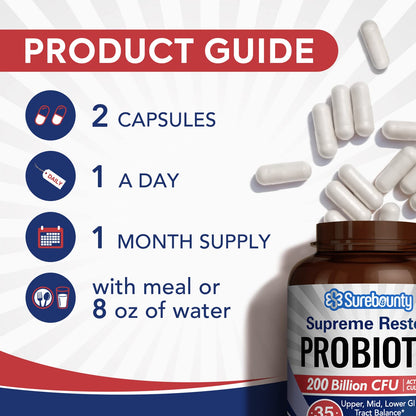 Surebounty Probiotic for Men & Women, 200 Billion CFU 35 Strains, Prebiotics + Digestive Enzymes, Supreme Restore Probiotic Supplement,