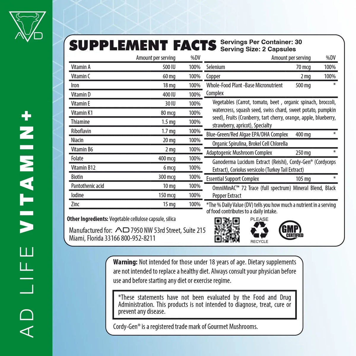 Project AD Vitamin+ Multimineral Multivitamin Supplement Complete Antioxidant, Energy & Immune Support. (60 Servings) PROJECT AD LLC