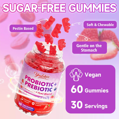 Youlikee 2 Pack Prebiotic + Probiotic Gummies for Women and Men, Probiotic Gummies Supports Gut Health, 5 Billion CFUs with Fibers,