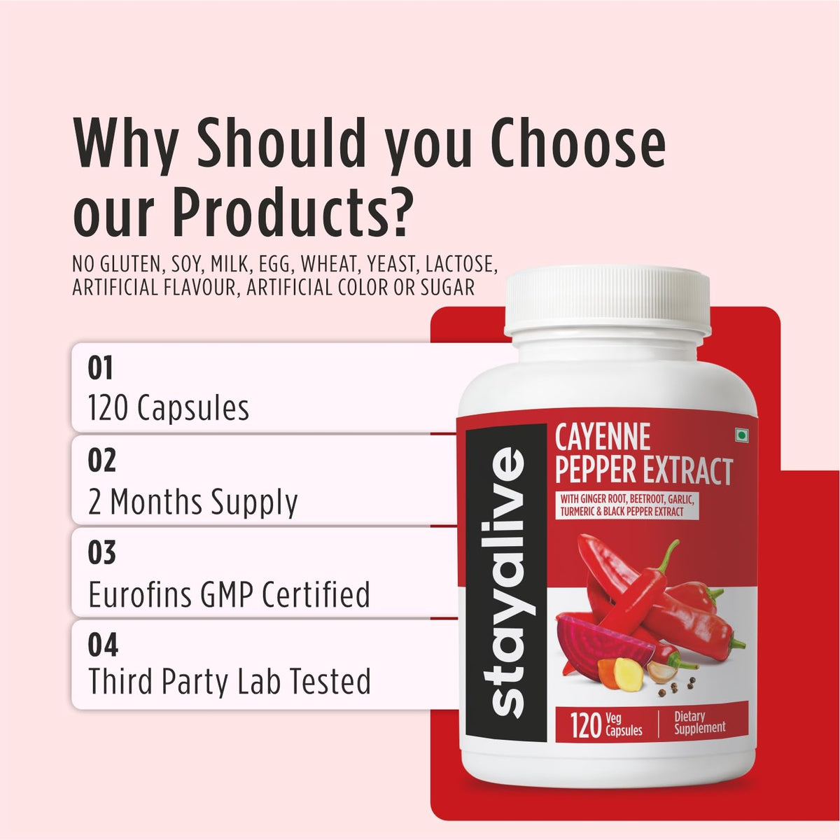 STAY ALIVE Cayenne Pepper Capsules, 6-in-1 Capsicum Blend w/Ginger, Garlic, Turmeric, Beet Root, and Black Pepper Extract, 120 Cayenne Capsules,