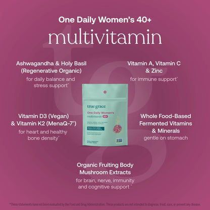 True Grace One Daily Women’s Multivitamin 40+ Fermented Minerals, Organic Adaptogens & Mushrooms Energy, Immune, Bone Support True Grace