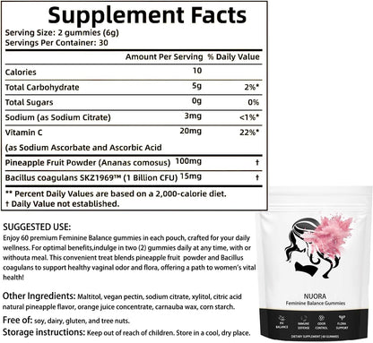 nuora Feminine Balance Gummies, Vegan Hawaiian Pineapple, pH Balance, Healthy Odor, Flora and Immune Support,