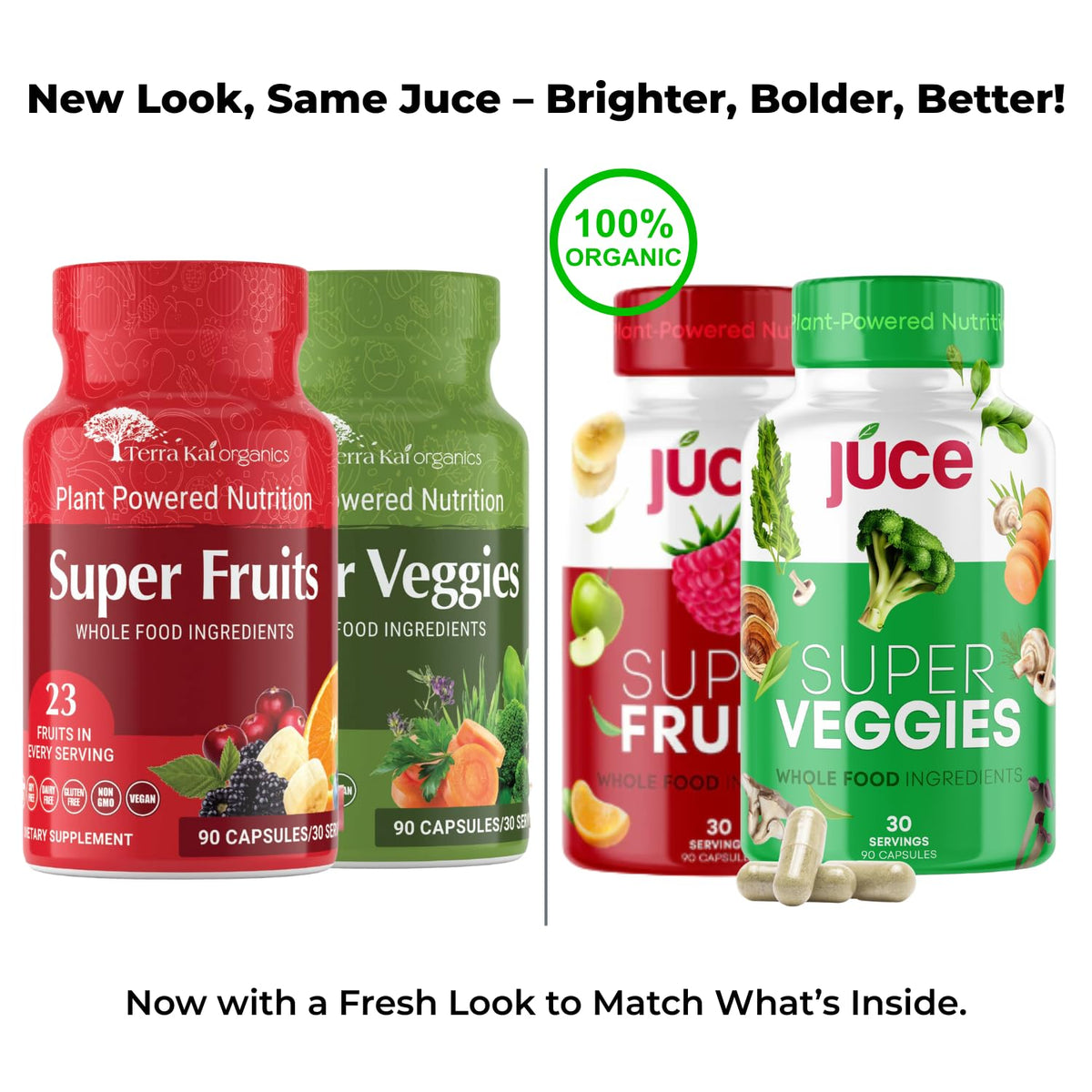 Juce Original Formula - Organic Super Fruit & Veggies Supplement - Gluten/Gelatin Free, Soy Free & Vegan- Reds & Greens Superfood Capsules- 23 Fruits & 23 Vegetables (180 Count)- By Terra Kai Organics Terra Kai Organics buy supplements Au