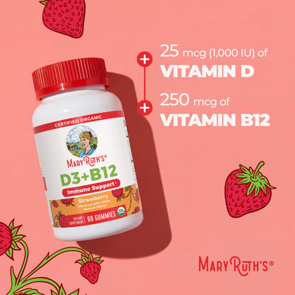 MARYRUTH'S Organic Vitamin D3 + B12 Gummies for Ages 4+ | Bone Health | Immune Support | Energy Metabolism | Cognitive Function | Vegan | Non-GMO
